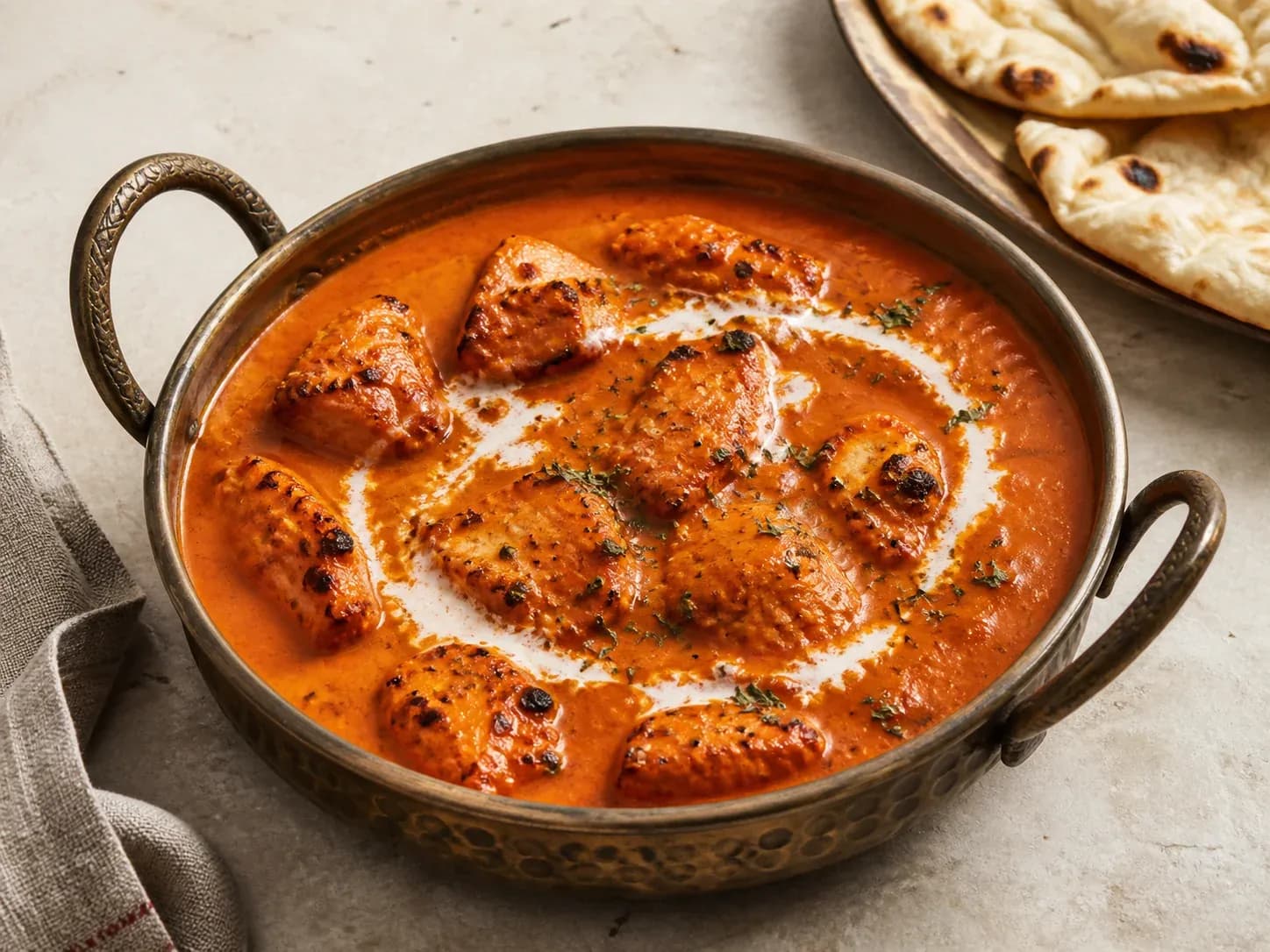 Butter chicken with charred chicken pieces in a smooth tomato cream sauce