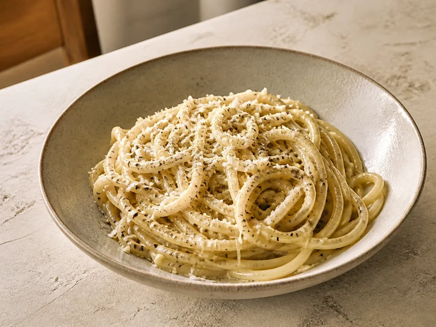 A bowl of glossy cacio e pepe pasta with Pecorino Romano and black pepper