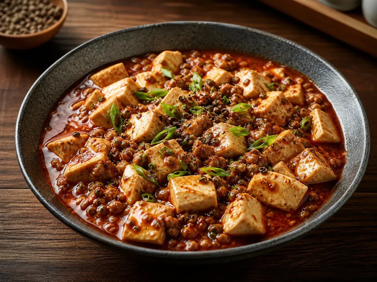 Sichuan mapo tofu with beef, red chile sauce, scallions, and Sichuan pepper